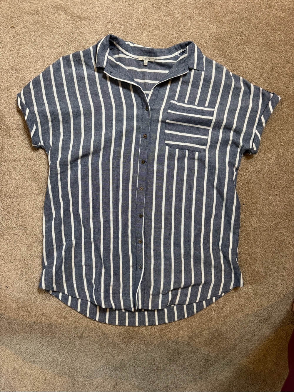 JODIFL Navy & White Striped Button-Front Shift dress